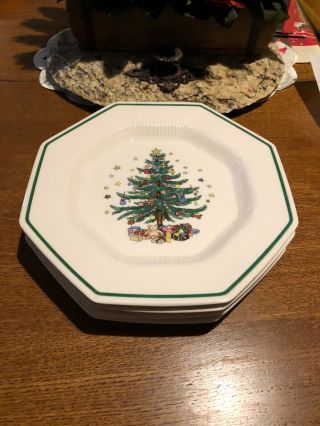 4 Nikko Christmastime Octagon Dinner Plates 10 3/4 " Euc