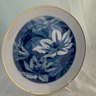 Vintage Meissen Plate Blue White Water Lily Flowers Gold Rim Cross Swords Signed