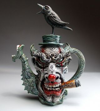 Evil Clown Face Jug Toxic Teapot Folk Art Pottery Sculpture By Mitchell Grafton