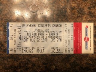 Pearl Jam August 22,  1998 Molson Park Concert Ticket Eddie Vedder