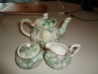 Royal Patrician Fine Bone China England Roses Teapot,  Cream & Sugar Set Euc
