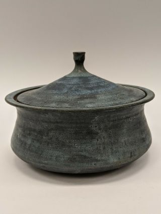 Bacia Edelman (1925 - 2009) Art Studio Pottery Covered Bowl Vtg Mcm Blue Stoneware