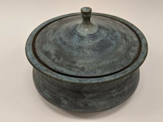 Bacia Edelman (1925 - 2009) Art Studio Pottery Covered Bowl Vtg MCM Blue Stoneware 2