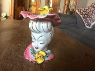 Vintage Lefton Japan Lady Head Vase Pinkish Yellow Rose Gold Trim Edge