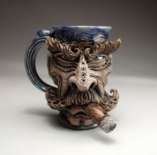 Burly Man Face Mug Jug Folk Art Pottery Sculpture Beer Stein By Mitchell Grafton