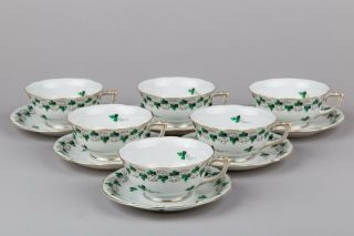 Set Of Six Herend Persil Pattern Tea Cups With Saucers From 1939
