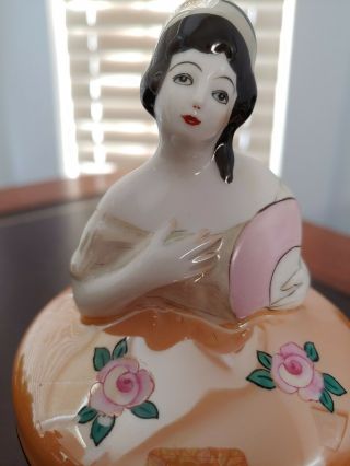 Noritake Art Deco Figural Powder Pot And Hair Receiver Lustreware Lady Fan Roses