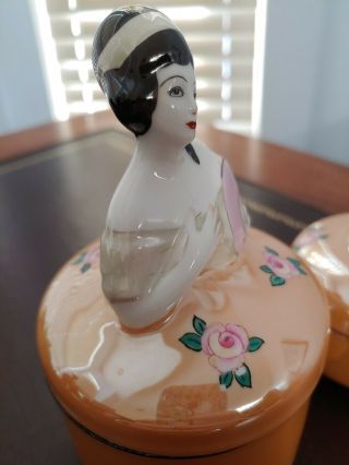 Noritake Art Deco Figural Powder Pot And Hair Receiver Lustreware Lady Fan Roses 2