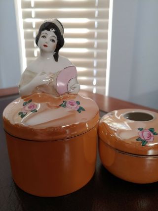 Noritake Art Deco Figural Powder Pot And Hair Receiver Lustreware Lady Fan Roses 3