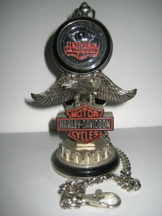 Franklin Harley Davidson Low Rider Pocket Watch With Eagle Stand And Pouch.