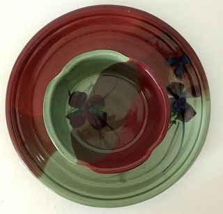 Kent Follette Studio Handmade Pottery Snack Platter & Bowl Green & Burgundy Euc