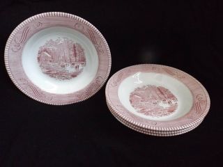 Vintage Royal China Currier & Ives Pink Red Transferware Wide Rim Soup Bowls (4)