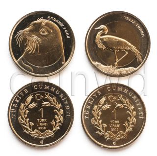 Turkey 2 Animals Coins Set 2013 Crane Seal Unc (298)