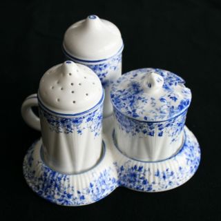 Shelley Dainty Blue Porcelain Salt Pepper & Mustard Cruet Set W/tray Rare