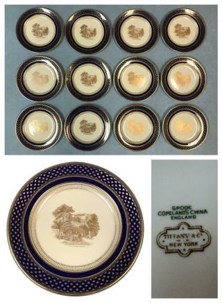 Antique Tiffany & Co Spode Copeland Set 12 Cobalt Ivory Gilt Salad Plates Dishes