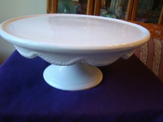 Antique Large White Ironstone Fluted Pedestal Cake Stand W/scolloped Skirting