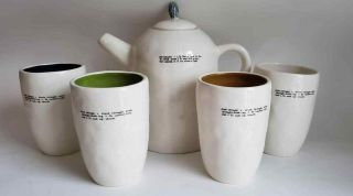 Vtg Rare Early Rae Dunn M - Studios Tall " Pour " Teapot " Drink " Definition Cups Set