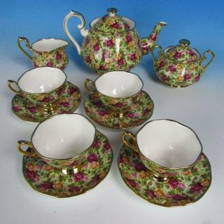 Royal Albert Old Country Roses Chintz - Teapot,  Creamer,  Sugar,  4 Cups & Saucers