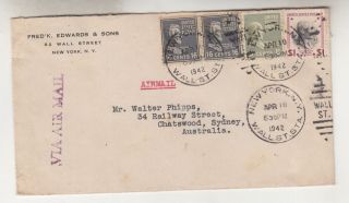 United States,  1942 Airmail Cover To Australia,  Prexies 8c. ,  16c.  (2),  $ 1.  00