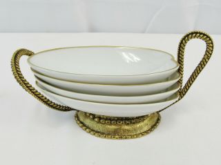 Vintage Set Of 4 Butter Pats / Salt Dishes In Metal Rack - White W/ Gold Trim