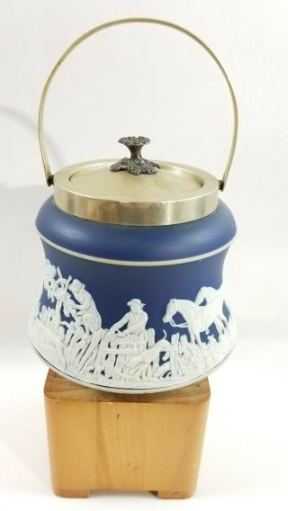 Wedgwood Adams Jasperware White On Dark Blue Biscuit Jar W/ Brass Handle