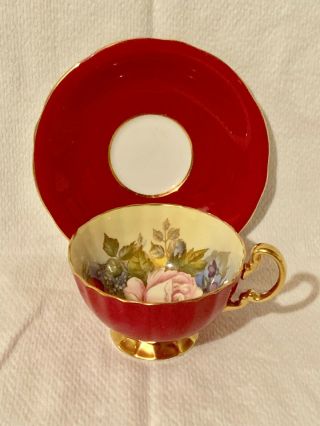 AYNSLEY TEACUP & SAUCER SIGNED J A BAILEY MAROON RED PINK ROSE Poppy Collectible 2