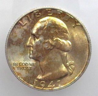 1941 - S Washington Silver 25 Cents Icg Ms67 Lists For $450 Toning
