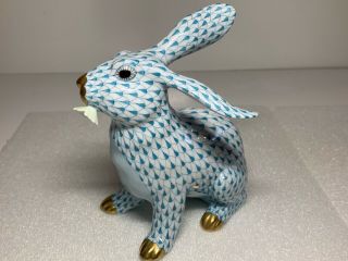 Herend Large Bunny Rabbit With Daisy Flower Turquoise Fishnet Figurine 5542