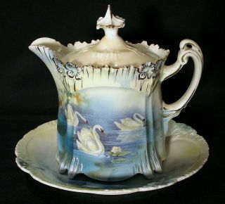 Scarce Rs Prussia Swans On Lake Syrup Pitcher With Underplate Icicle Mold