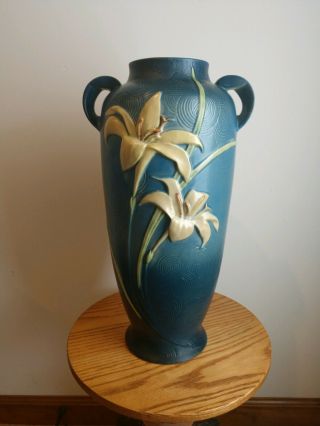 Vintage Roseville Pottery Blue Zephyr Lily Large Floor Vase 142 - 18 1940 