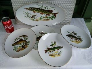 4 Vintage Naaman Israel Porcelain Fish Plates (9 1/4 ") And Serving Platter (14 ")