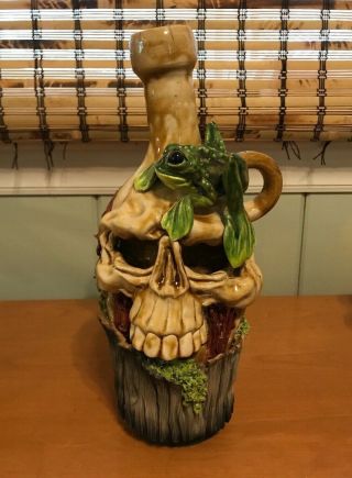 Dan Norton Raku Style Large Pottery Skull Face Jug With Frog Read
