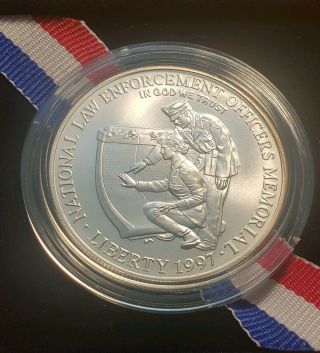 1997 National Law Enforcement Memorial Bu Silver Dollar With Box &