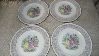 Vtg Homer Laughlin Colonial Rose Courting Couple 22kt Gold Dinner Plate Set Of 4
