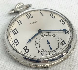 Vintage 12s 17j Art Deco Elgin Pocket Watch In White Gold Filled Fancy Case