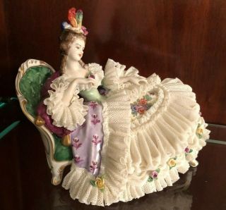 Vintage Volkstedt Dresden Porcelain Lace Figurine Woman Sitting In Chaise