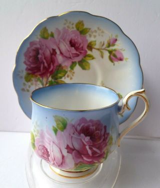 Royal Albert Bone China Pink Roses & Buds On Light Blue Teacup & Saucer