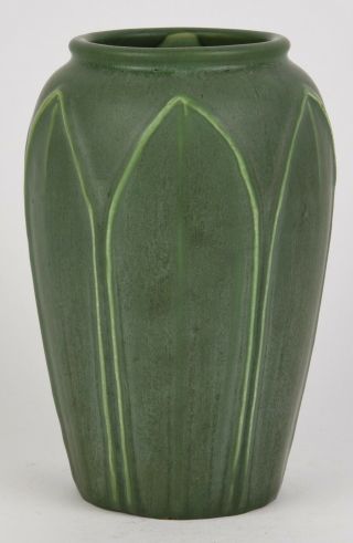 Hampshire Pottery Matte Green Arts And Crafts Vase Decorated With Leaves
