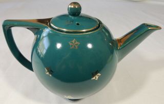 Vintage Hall 0740 Green 6 Cup Teapot Gold Trim & Stars Euc