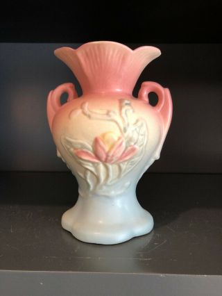 Vintage Hull Usa 4 Art Pottery Magnolia Pastel Double Handle Vase Pink To Blue