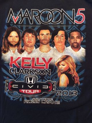 Maroon 5,  Kelly Clarkson,  Rossi Crane Honda Civic Tour 2013 T Shirt Size Medium