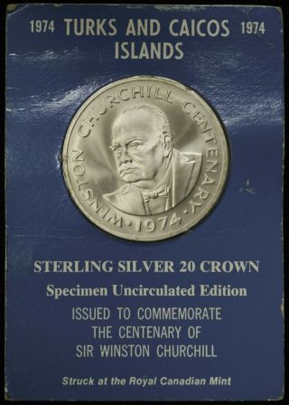 Turks & Caicos Isl.  20 Crowns 1974 Silver Winston Churchill Centenary Orig Card