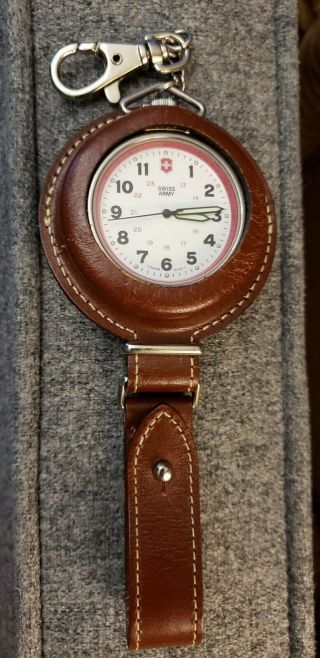 Swiss Army Pocket Watch With Brown Leather Belt Pouch Case