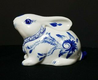 Bunny Rabbit Bank White Blue Ceramic Porcelain Hand - Painted Delft Chinoiserie