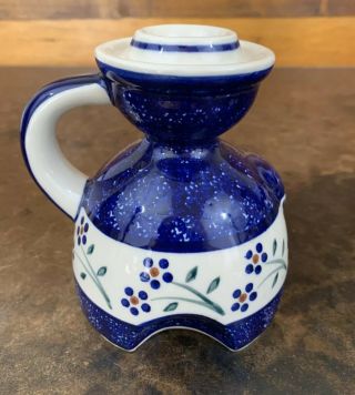 Wiza Pottery Hand - Made Poland Figural Candlestick Holder Blue Floral Polish 2