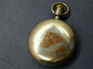 18s Railroad Solid Silver Case Gents Pocket Watch.  Gold Applied Loco.