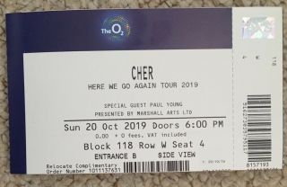 Cher Here We Go Again Tour 2019 Concert Ticket