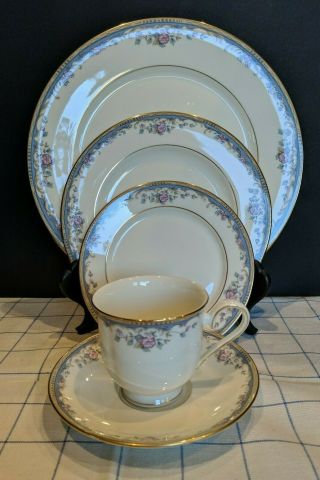 Lenox Southern Vista 5 Pc Place Setting,  Blue Scroll With Pink Floral,  Gold Rim