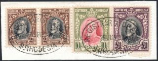 Southern Rhodesia Revenue 1931 £1,  10s & 2s Pair On Piece,  Barefoot 11/12