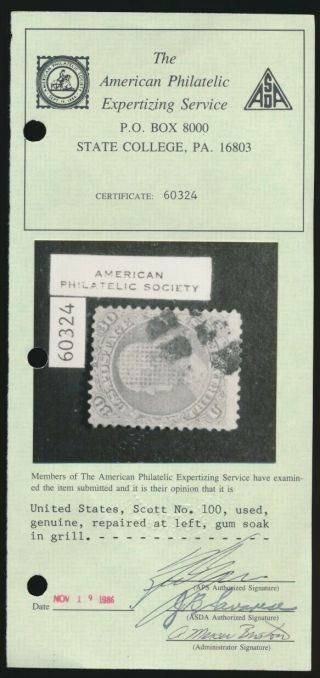 drbobstamps US Scott 100 Scarce Stamp w/APS Cert SCV $900 3